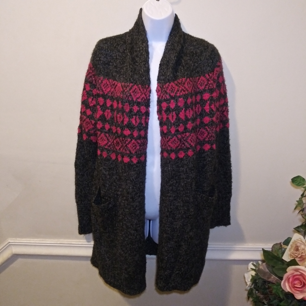 LAST CHANCE Eddie Bauer Fuschia/Black Fair Isle Wool Blend Long Cardigan Sweater